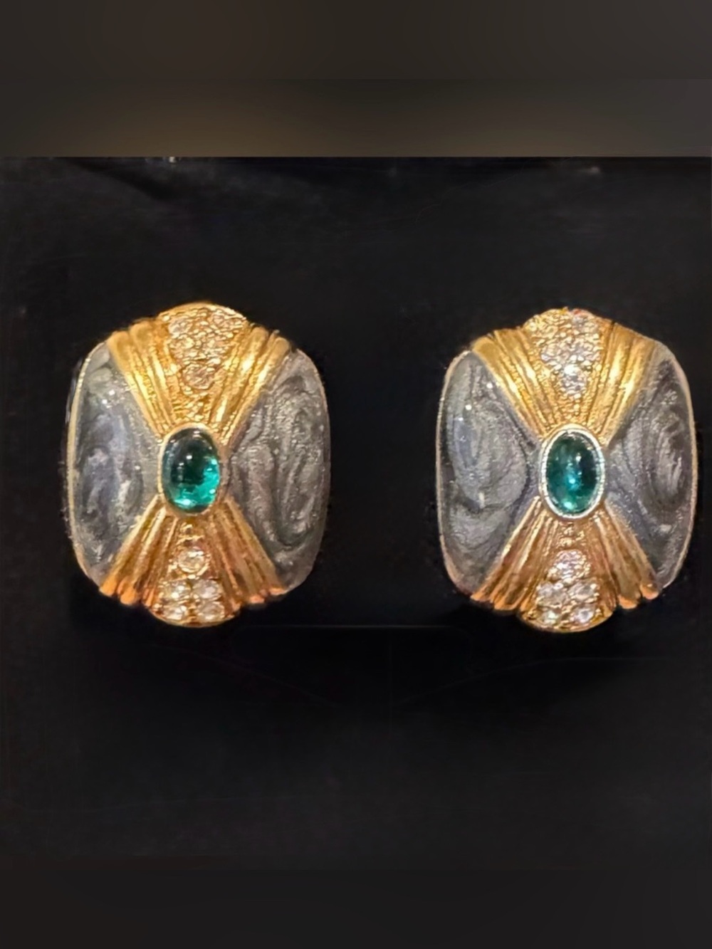 Vintage Kenneth Jay Lane KJL Avon GoldTone, Gray Enamel, & Green Glass Cabochons